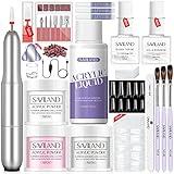 SAVILAND Acrylic Nail Kit with Nail Tips - 3 Colors Acrylic Powder Liquid Set 100pcs Half Cover False Nail Tips Acid-free Primer Top Coat Acrylic Nail Kit Set for Beginners DIY Nail Art Extension