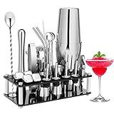 Cocktail Shaker Set, 23-Piece Boston Stainless Steel Bartender Kit with Acrylic Stand & Cocktail Recipes Booklet, Professional Bar Tools for Drink Mixing, Home, Bar, Party (Include 4 Whiskey Stones)