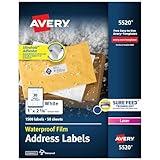 Avery Waterproof Printable Address Labels with Sure Feed, 1" x 2-5/8", White, Ultrahold Permanent Adhesive, Laser Printers, 1,500 Blank Mailing Labels, Great for Mailing, Branding, and More (5520)