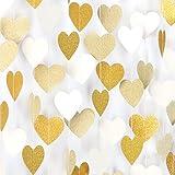 White-Gold Champagne Party-Decorations Heart Streamers Garland - 52Ft Christmas Wedding Engagement Hanging Paper Banner,Bachelorette Neutral Baby Bridal Shower Decor Banners Lasting Surprise