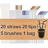 20 Pack Reusable Stainless Steel Metal Straws,10.5" & 8.5" Reusable Drinking Straws with 20 Silicone Tips 5 Straw Brushes 1 Travel Case,Eco Friendly Extra Long Metal Straw Fit for 20 24 30 oz Tumbler