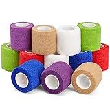 Juvale 12 Rolls Self Adhesive Stretch Bandage Wrap 2 Inch x 6 Yards, Adherent Cohesive Vet Tape for First Aid, Wrist and Ankle Swelling, Animals, Pets, Sports (6 Colors)