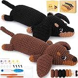 Crochet Kit for Beginners - 2 PCS Dachshund Crochet Kits with Step-by-Step Video Tutorials, Beginner Crochet Kit for Adults, Crochet Animal Kit for Kids, Dog Crocheting Set (Brown & Black)