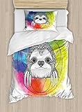 Ambesonne Humor Duvet Cover Set, Rainbow Colored Backdrop Image Sketchy Happy Smiling Cartoon Sloth Art Print, Decorative 2 Piece Bedding Set with 1 Pillow Sham, Twin Size, Pale Orange