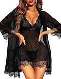 RSLOVE Women Sexy Lingerie Set 3 Piece Babydoll & Lace Kimono Robe Strap Chemise Sleepwear Mesh Nightgown Black M