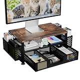 Simple Trending 2 Tier Monitor Stand Riser, Wood Computer Desk Organizer with Drawer and Pen Holder for Laptop Office, iMac, Brown