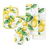 Martha Stewart Lots of Lemons Modern Kitchen Towel, Oven Mitt & Potholder Set, 4-Pack, White-Yellow