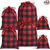 JOYIN 6 PCS Christmas Fabric Gift Bags with Drawstring, Buffalo Plaid Santa Sack Includes Assorted Sizes for Xmas Party Festival Gift Wrapping, Presents Decorations, Reusable Party Favor Goodie Bag