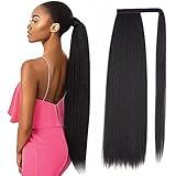 30 Inch Kinky Straight Ponytail Extension, Soft & Natural as Human Hair, Wrap Around Ponytail Extension for Black Women, Long Italian Yaki Synthetic Hair Extension, Natural Black(1B)
