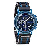 BOBO BIRD Mens Wooden Watch Stylish Blue Wood Stainless Steel Combined Chronograph with Luminous Pointers Fashion Business Timepiece for Men/Father/Husband/Son