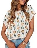 ZESICA Womens Summer Casual Printed Tops Cap Sleeve Crew Neck Cute Knit Sweaters 2025 Trendy Clothes Outfits,White,Large