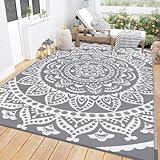 Bsmathom Waterproof Outdoor Rug 6'x9' Reversible Boho Plastic Straw Patio Deck Camping Rugs, Indoor Outdoor Portable RV Mat Clearance Carpet for Outside, Porch, Balcony, Backyard, Beach, Pool,Grey