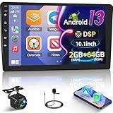 NHOPEEW [2+64G] Double Din Android 13 Car Stereo Radio with Wireless Carplay and Android Auto - 10.1 inch Car in-Dash Navigation GPS Units - DSP, EQ, Mirror Link, WiFi, SWC + AHD Backup Camera + Mic