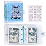 1000 Money Savings Challenge Binder, A8 Mini Money Saving Binder with Laminated Tracker Sheet & Stickers, 100 Envelopes Money Saving Challenges Book with Envelopes for Kids, Toddler, Blue