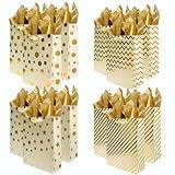 UNIQOOO 12Pcs Metallic Gold Christmas Gift Bags Bulk with 12 Sheets Gold Tissue Paper, Large 12.5 Inch, Assorted Modern Geometric Paper Gift Wrap Bag, For Holiday Birthday Wedding Gift Packaging Decor