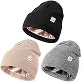 3 Pack Satin Lined Winter Beanie Hats for Women Men,Silk Lined Womens Beanies Knit Soft Warm Cuffed Hat Color 1