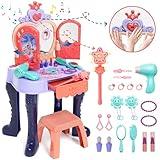 Eohemeral Toddler Vanity Makeup Table with Mirror and Chair, Open Doors by Gestures,Toddler Kids Vanity Set with Music Sound & Light Magic and Accessories, Girls Vanity for Toddlers 3-5 Years Old