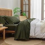 BESTOUCH Sheet Set 100% Washed Cotton Linen Feel Super Soft Comfortable Chic Lightweight 4 Pcs Home Bedding Set Solid Olive Green King
