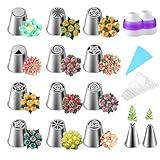 Suuker 27 Pieces Russian Piping Tips Set, Cake Decorating Tips Baking Supplies for Cupcake Cookies Birthday Party (12 Icing Tips 10 Pastry Baking Bags 2 Leaf Piping Tips 2 Couplers 1 Silicone Bag)