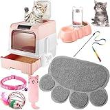 Tioncy 7 Pcs Small Cat Kitten Starter Kit Cat Litter Box with Shovel Cat Paw Litter Mat Double Automatic Cat Bowls Cat Toy Teaser Stick Cat Collar Essentials Kits for 1-3 Lbs Beginner (Pink)