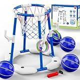 VGY Pool Basketball Hoop 2-in-1 with 4 Balls, 12 Rings & Pump - Floating Water Basketball Set for Swimming Pool Games, Outdoor/Indoor Family Toy Kids Ages 3-12 & Adults (Blue)