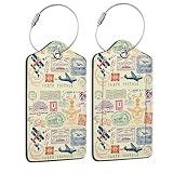 Travel Stamp Luggage Tags for Suitcase,2 Pack Retro Passport Carte Postale Luggage Tag Leather Privacy Cover ID Label with Stainless Steel Loop for Women Men Kids Girls
