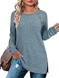 Bofell Long Sleeve Tops for Women 2024 Casual Ladies Sweaters for Women Fall High Low Hem Blue XXL