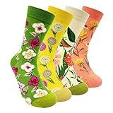 HSELL Womens Colorful Dress Crew Socks Flower Funky Patterned Casual Cotton Socks(Flowers - 4 Pairs)