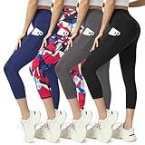 MaaGcc High Waisted Yoga Leggings for Women 4 Pack - Tummy Control Workout Capris with Pockets (US, Alpha, Medium, Regular, Regular, Navy Blue + Red Grid Print + Gray +Black)
