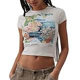 Y2k Graphic Baby Tees Women Teen Girl Fruit Print Crop Top Short Sleeve Slim Fit Vintage Aesthetic T Shirt Clothes (White Blue Letter, m)