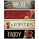 Yalikop 4 Pieces Movie Theater Decor Wooden Home Theater Decoration for Popcorn Enjoy Film Classic Decor Rustic Room Wall Media Room Wall Art(11 x 3 Inch)