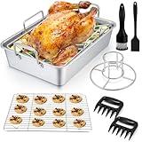 P&P CHEF Roasting Pan Set (8 PCS), 14 Inch Stainless Steel Turkey Roaster Pan, Flat & V-shaped Roasting Racks & Beer Can Chicken Holder, Meat Claws & Tenderizer, Brush, Healthy & Heavy Duty