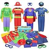 Teuevayl Boys Muscle Chest Dress up Costumes Set Trunk with Superhero, Policeman, Fireman, Kids Pretend Role Play , Boys Dress up Clothes for Kids Ages 4-7