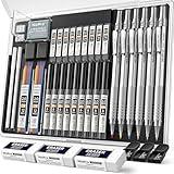 Nicpro 35PCS Black Metal Mechanical Pencils Set in Case, Art Drafting Pencil 0.5, 0.7, 0.9 mm & 3PCS 2mm Graphite Lead Holder for Drawing Sketching With 20 Tube Lead Refills(6B 4B 2B HB 2H 4H Colors)