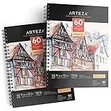ARTEZA Mixed Media Sketchbook, 9x12 Inches – 2-Pack, 60 Spiral-Bound Sheets, 110 lb Acid-Free Paper for Wet & Dry Media: Acrylic, Ink, Pencil & More