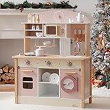 ROBUD Play Kitchen for Kids Toddlers, Wooden Play Kitchen with Realistic Accessories, Toy Kitchen Set with Plenty of Play Features, Modern Style Toy Kitchen for Girls & Boys, Gift for Ages 3+, Pink