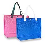 hsmyank 2Pack Large lightweight Simple Mesh Beach Tote Bag With snap Button Reusable Pool Bag for Outdoor Travel Shopping Gym (Rose red+blue)