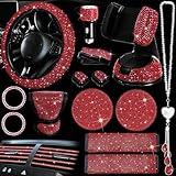 30 Pieces Bling Car Accessories Set for Women, Bling Steering Wheel Covers Universal Fit 15 Inch, Seat Belt Cover, Bling Car Phone Holder Mount, Bling Car Cup Coaster for Women Cute Car(Red)