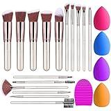 16Pcs Makeup Brushes Set, 4Pcs Beauty Blender Sponge Set and 1 Brush Cleaner, Premium Synthetic Foundation Brushes Blending Face Powder Eye Shadows Make Up Brushes Kit (Champagne Gold)