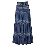 DREFBUFY Maxi Skirt Womens High Waist Pleated Tiered Long Skirts, Denim Look with Elastic Waistband, Casual Style Midi Dress for Women, Multi Wearing Styles (Blue16, XX-Large)