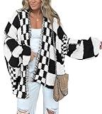 BTFBM Casual Cardigan Sweater for Women Fall 2025 Long Sleeve Open Front Chunky Knit Sweaters Checkered Outwear Coat(Black,Medium)