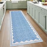2x6 Runner Rug for Hallway Washable Kitchen Rugs Non Slip Solid Blue Modern Minimalism Soft Low-Pile Scalloped Indoor Carpet for Entryway Laundry Room Floor Mats