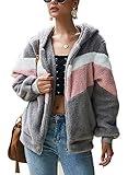 Les umes Womens Sherpa Zip Up Faux Fur Color Block Hoodie Fuzzy Shaggy Outwear Jackets Coat with Pockets Gray XL