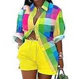 Mandonce 2 Piece Outfits for Women Long Sleeve Printed Shirt and Elastic Lace-Up Shorts with Pockets Sexy Casual Sport Set Colorful Plaid 3X-Large