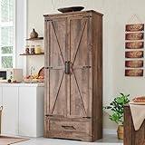 Farmhouse Kitchen Pantry Cabinet - 72" Tall Wood Kitchen Storage Cabinets with Adjustable Shelves & 2 Barn Doors & Drawer, Versatile Storage for Dining Room, Bathroom, Utility Room, Light Brown