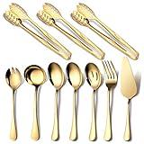 Gold Serving Utensils, OGORI 10-Piece Polished Stainless Steel Gold Serving Utensils Set Include Serving Spoons, Slotted Serving Spoon, Serving Tongs, Serving Fork, Salad Fork, Soup Ladle, Pie Server