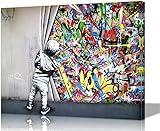 Banksy Canvas Wall Art Graffiti Wall Art Behind The Curtain Picture - 12x18 Inches Built-in Wooden Frame, Lightweight & Ready to Hang, Urban Street Art for Office, Bedroom, Living Room Decor