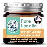 100% Pure Anhydrous Lanolin Cream - Handmade, Unrefined Balm for Dry & Itchy Skin, Cracked Lips, Breastfeeding, Baby Care, Nursing Essentials & Petroleum-Free for Hands, Face & Paw - 2oz Glass Jar