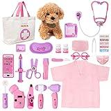 Meland Toy Doctor Kit for Girls - Pretend Play Doctor Set with Dog Toy, Carrying Bag, Stethoscope Toy & Dress Up Costume - Doctor Play Gift for Kids Toddlers Ages 3 4 5 6 Year Old for Role Play