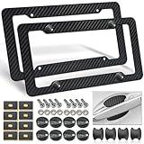 FBJTDQ Carbon Fiber License Plate Frames- Black Carbon Pattern Plastic Front & Rear Car Tag Holder Cover 2 Pack, for Men/Women, with Mount Hardware, Screws, Caps, Rattle Proof Pads, Handlebar Stickers